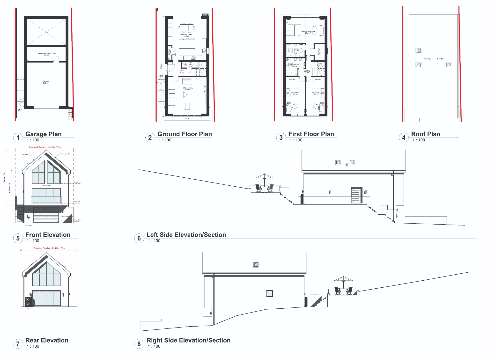 Three-bedroom house: garage, ground and first-floor plans, roof plan and elevations