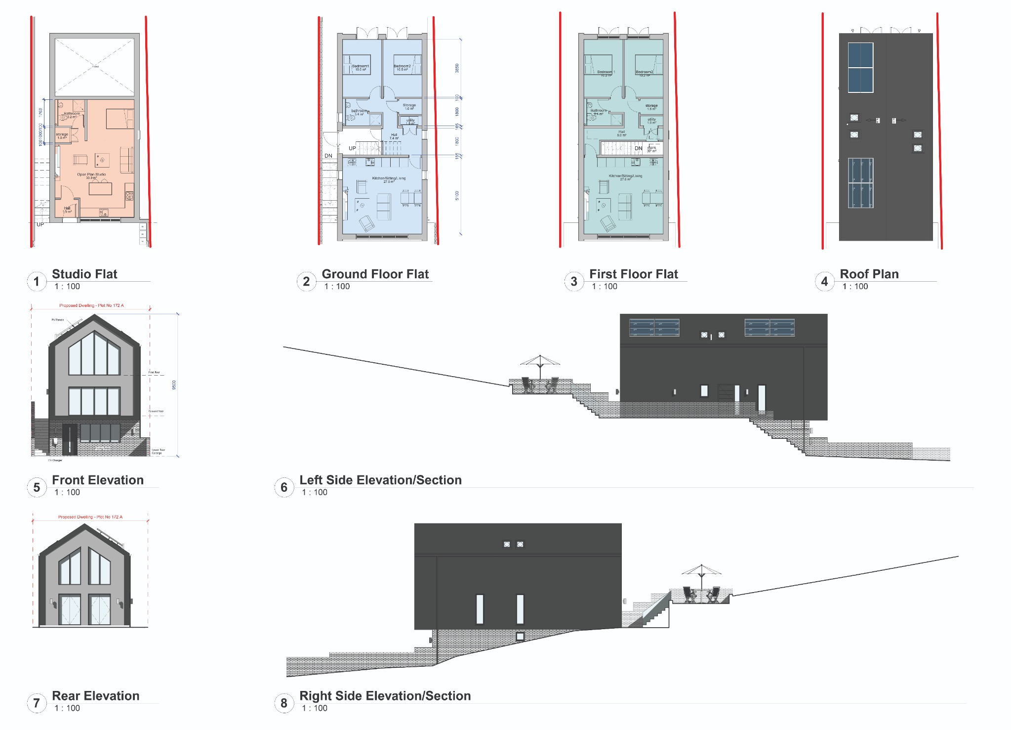 Potential three-flat scheme: studio flat, two two-bedroom flats, roof plan and elevations